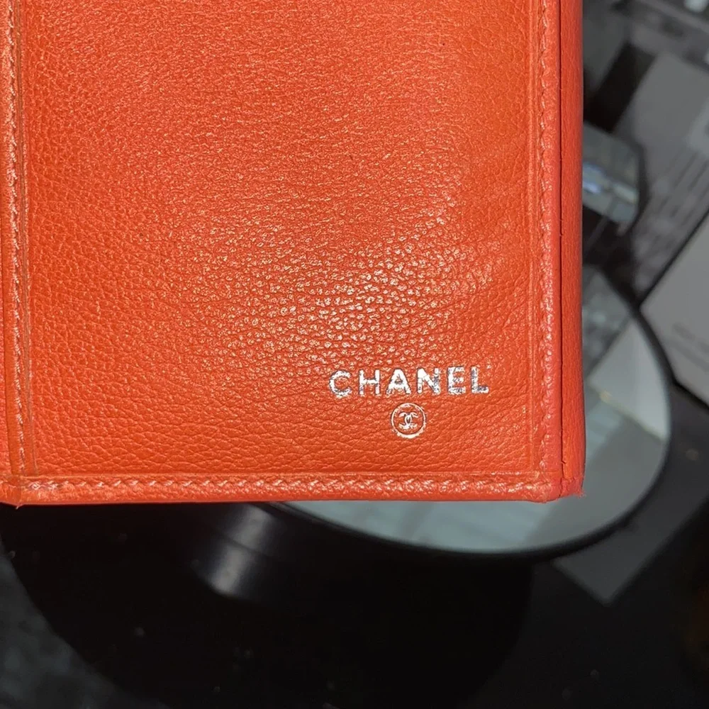 Vintage CHANEL Orange Leather Camellia Chain Wallet (2005)